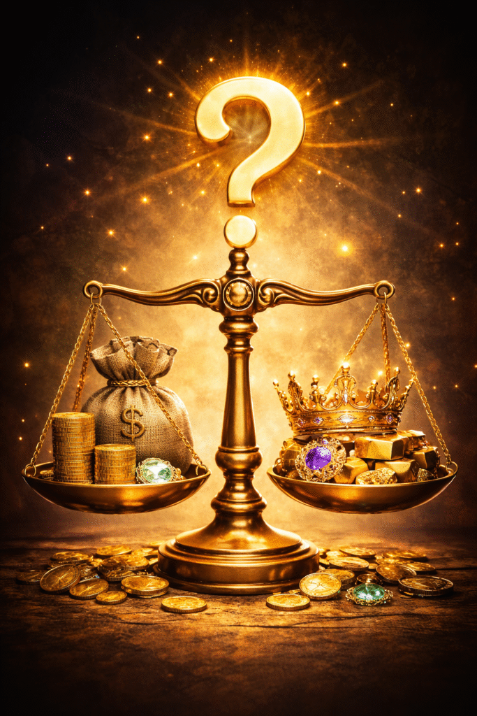 Balança simbolizando o equilíbrio entre dinheiro e conhecimento como base da verdadeira riqueza
