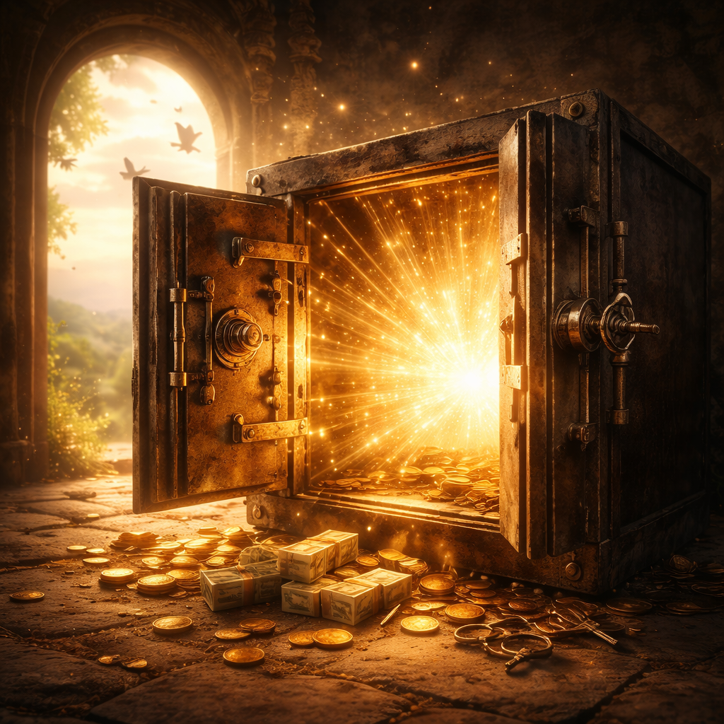 Cofre antigo aberto com luz brilhante saindo, simbolizando liberdade, sucesso pessoal e descoberta de verdadeira riqueza, com moedas e cédulas espalhadas e pombos voando ao fundo.
