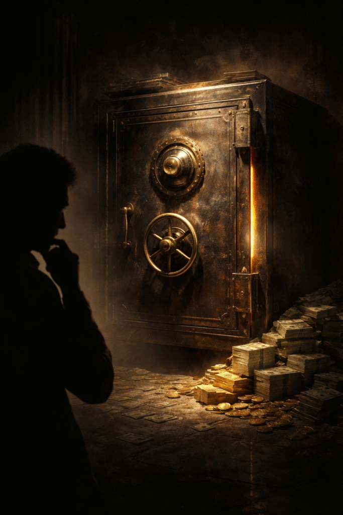 Cofre antigo parcialmente aberto com luz saindo, simbolizando mistério financeiro, e silhueta de pessoa pensando.
