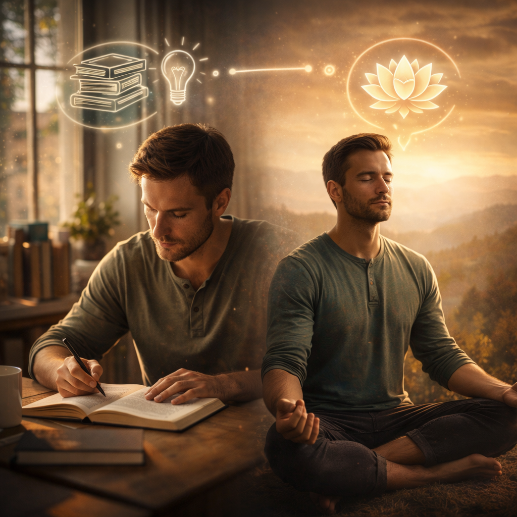 Jovem estudando com livros e meditando em um ambiente tranquilo, simbolizando crescimento pessoal, aprendizado contínuo e desenvolvimento emocional.