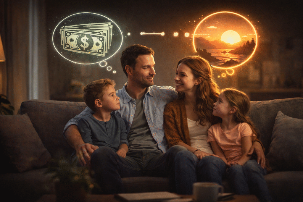 Família sentada no sofá, refletindo sobre a escolha entre dinheiro e experiências de vida, com símbolos de dinheiro e pôr do sol representando decisões financeiras e momentos pessoais.

