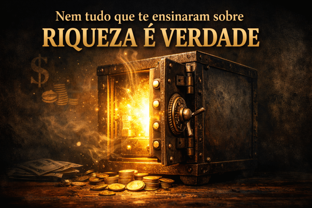 Cofre antigo parcialmente aberto emitindo luz dourada, moedas e cédulas espalhadas, simbolizando mistério e riqueza; tema do post sobre verdade e segredos da riqueza.