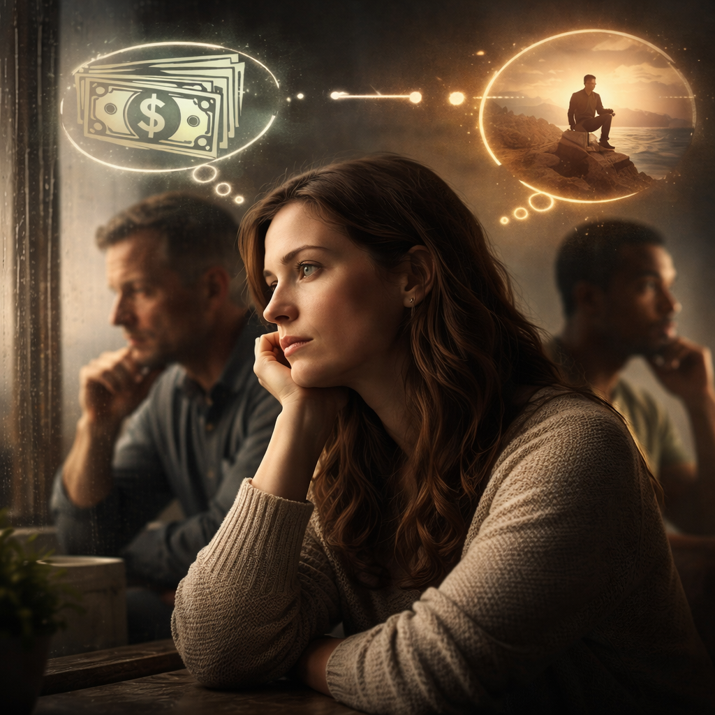 Três pessoas pensativas em ambiente sóbrio, refletindo sobre a relação entre riqueza material e bem-estar emocional, com símbolos de dinheiro e contemplação.
